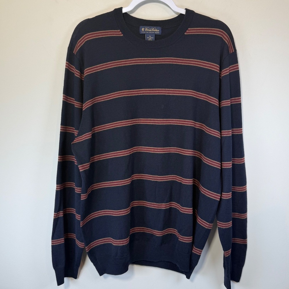 Brooks Brothers Sweater Men XL Navy Blue Merino Wool Striped Crewneck Collegiate